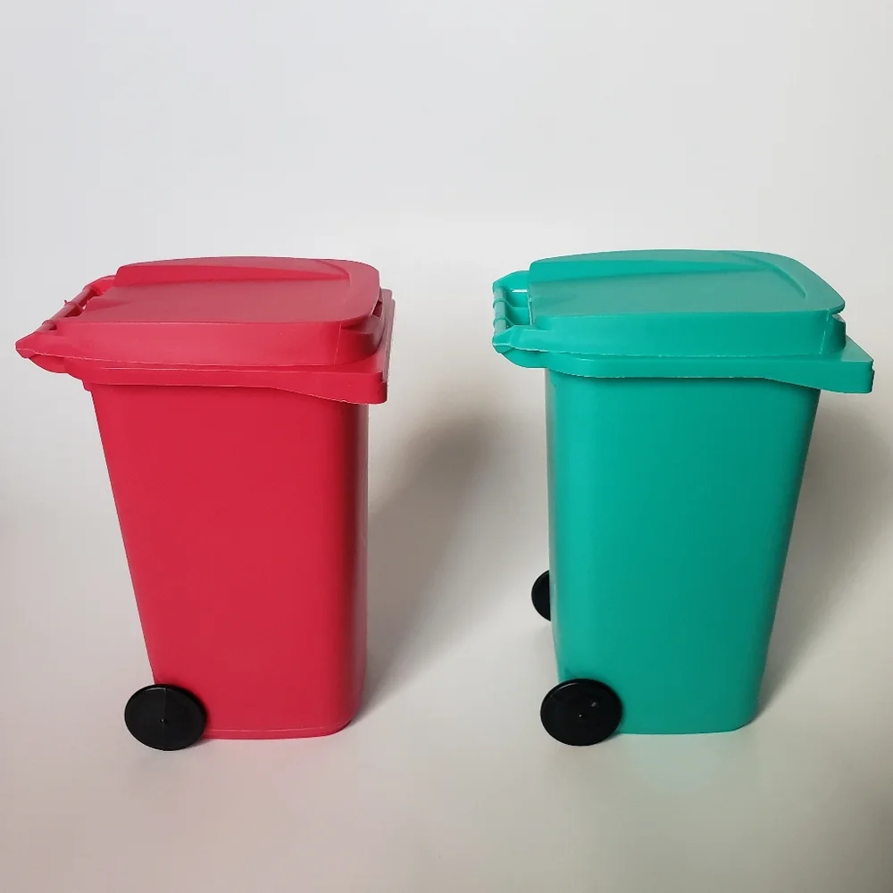 Mini Desk Wheelie Trash Bin Pen Pencil Holder Pink